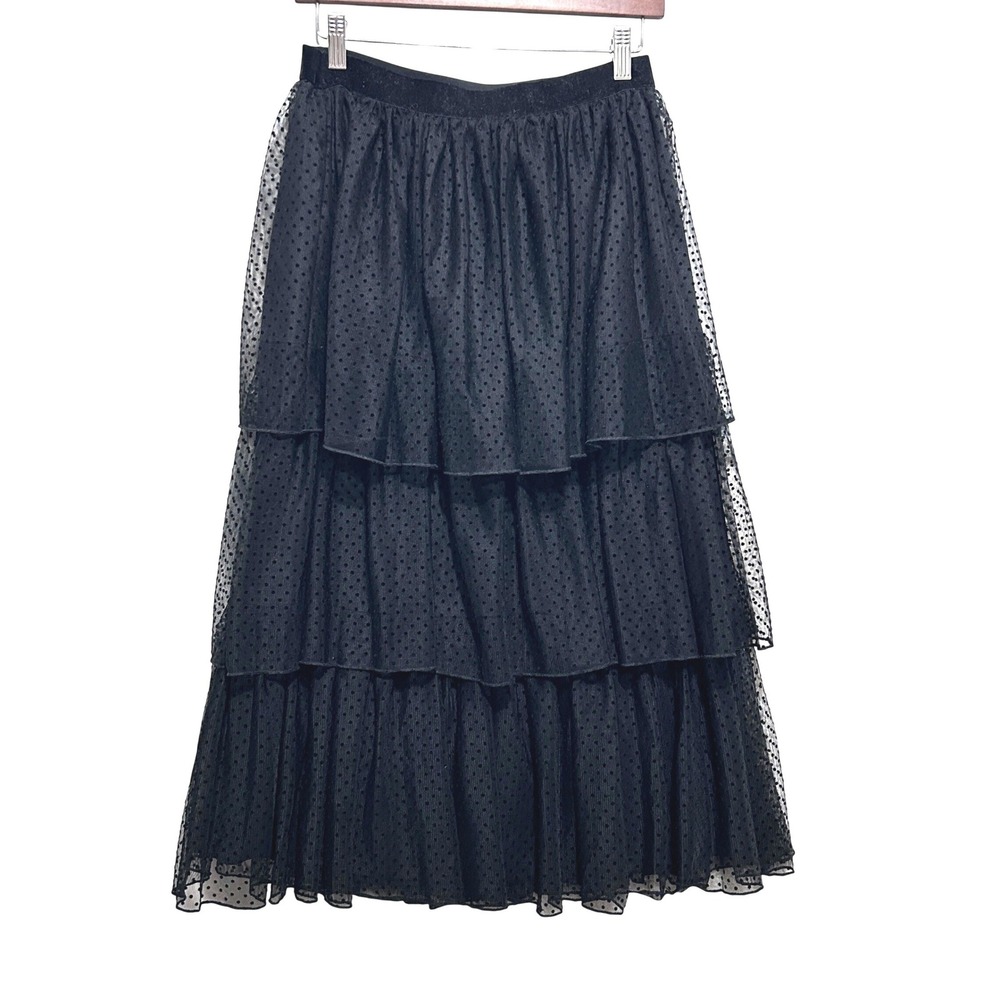 Womens Tulle‎ Skirt S Black Swiss Dot Tiered Maxi Goth Coquette Dark Romantic